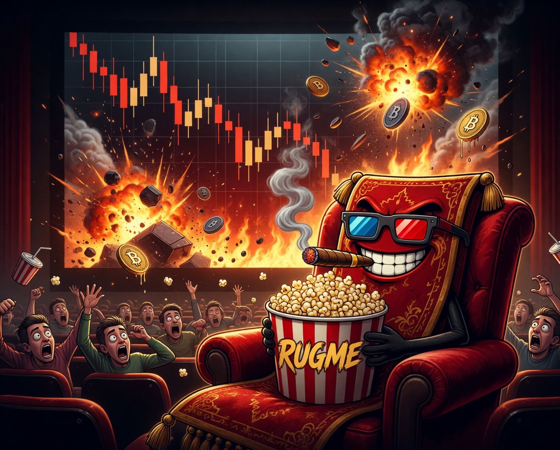 The Rug, in 3D glasses, holding popcorn while the market burns